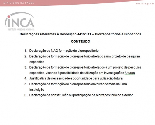 Imagem das declarações referentes à Resolução 441/2011 – Biorrepositórios e Biobancos