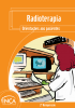 Capa com o layout laranja e o seguinte título na parte superior: "Radioterapia. Orientações aos pacientes". Na parte inferior esquerda, uma ilustração de uma médica segurando uma folha de papel e com computadores na sua frente.